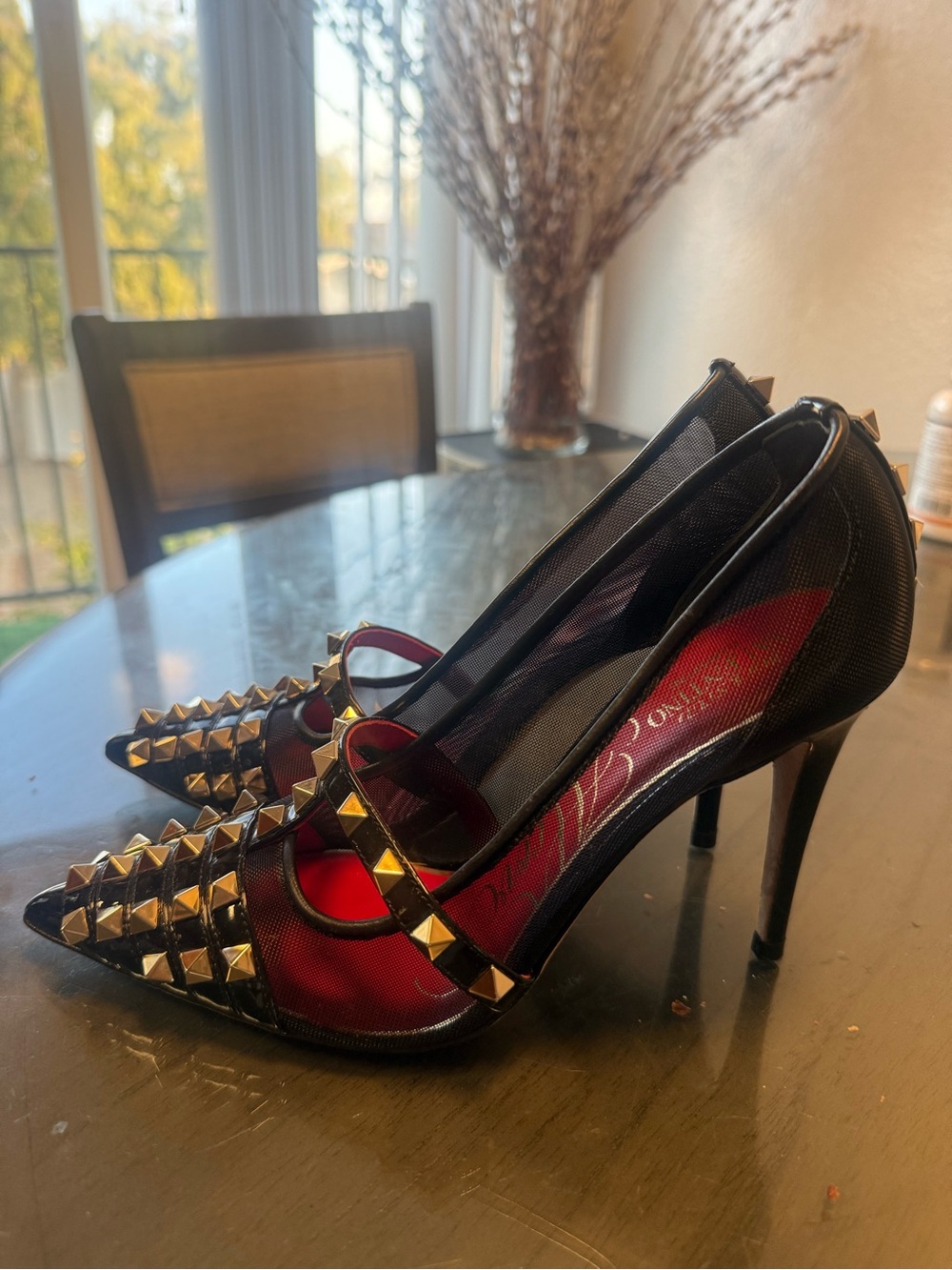 Valentino Garavani Black Mesh & Patent Studded Pointed Heels with Red Insole